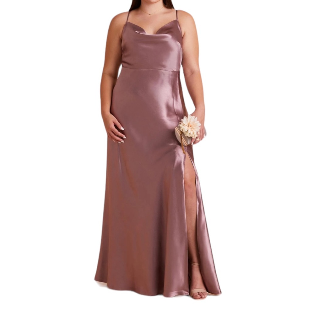 Birdy Grey Lisa Long Satin Draped Cowl Neck Gown in Dark Mauve